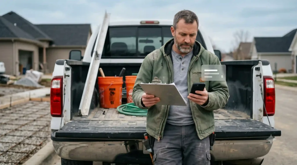 - Housecall Pro Concrete contractor reviewing job estimates and budgets on a tablet at the open tailgate of his work truck