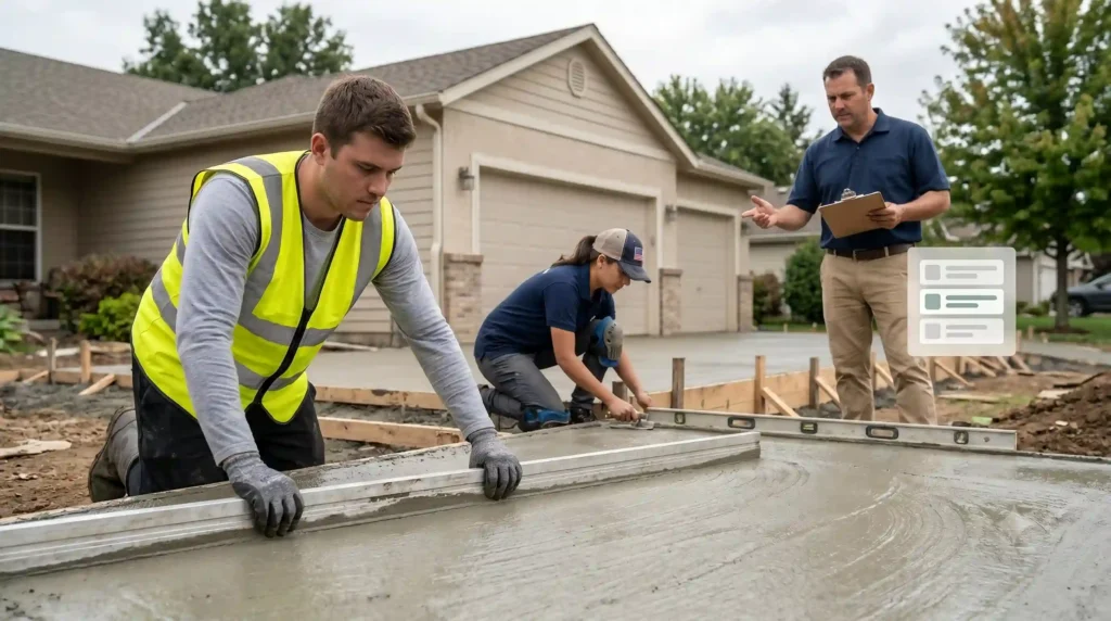 - Housecall Pro Small concrete crew working together to screed and finish a freshly poured residential driveway