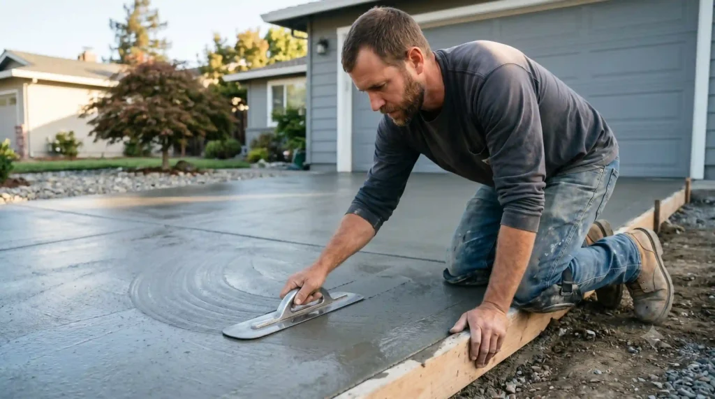 - Housecall Pro Professional concrete finisher smoothing freshly poured concrete with a steel trowel on a residential driveway