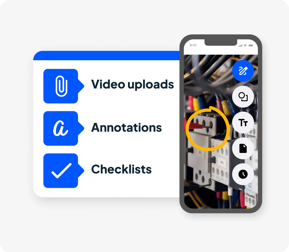 Phone showing annotated job photos, video uploads, annotations, and checklists.