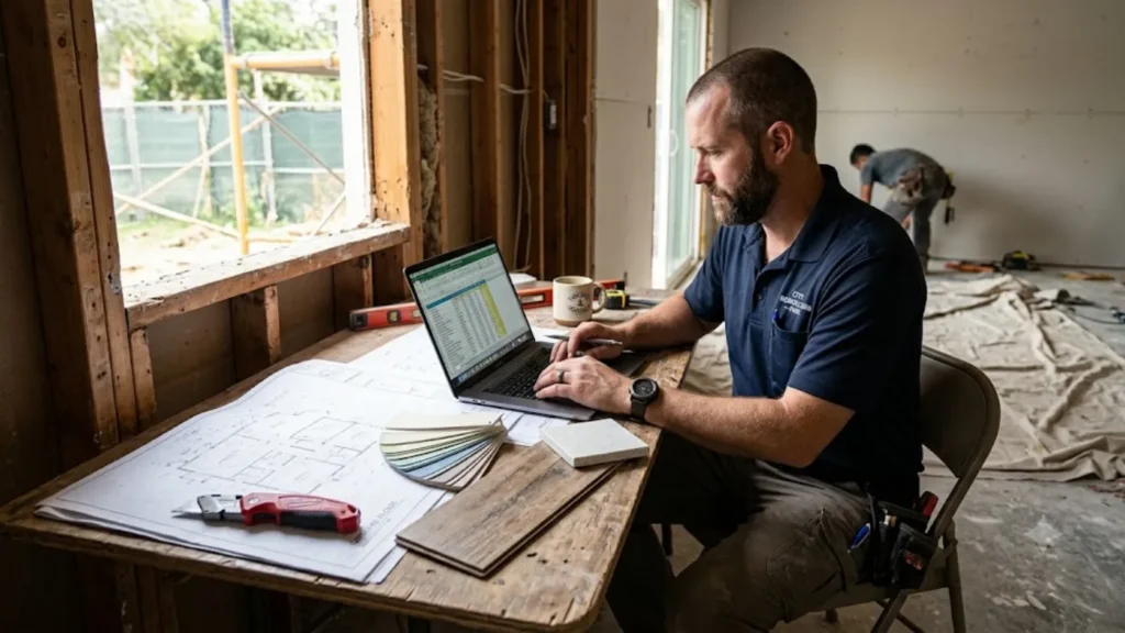 - Housecall Pro Remodeling business owner reviewing job pricing and profit margins