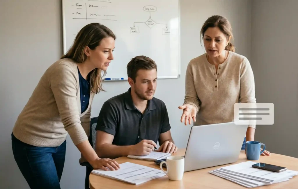 - Housecall Pro Small home service business team gathered around a laptop reviewing AI templates during a team meeting