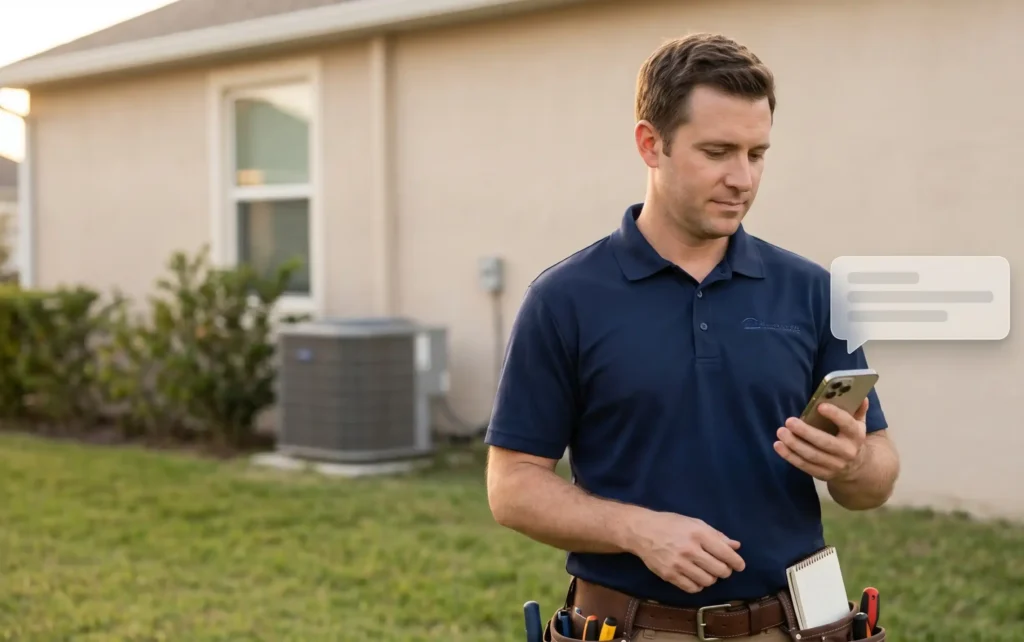 HVAC technician reviewing an AI-generated customer message on a smartphone outside a residential home