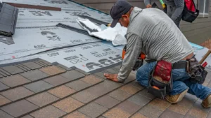 Pro roofer installing shingles and using the roofing nailer