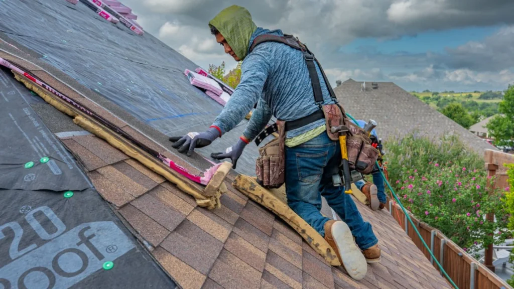 Pro Roofers working on shingle installation
