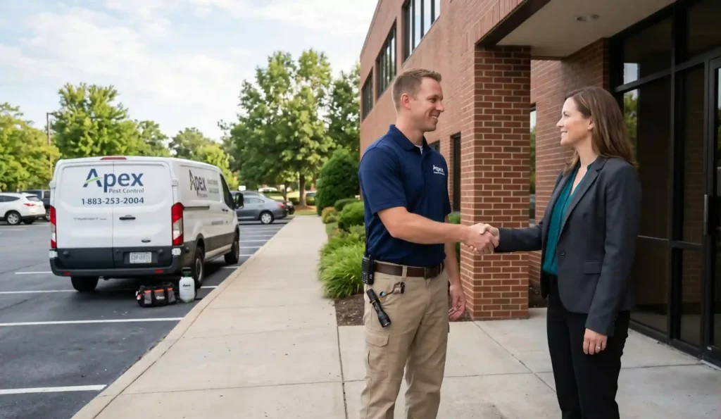 Pest control technician building local business partnerships for SEO growth