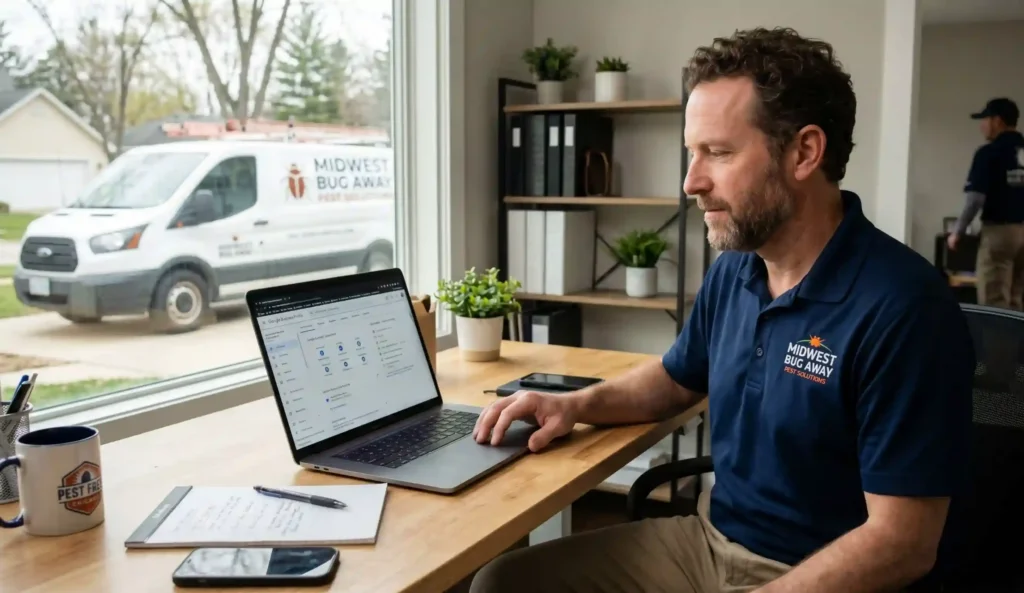 Pest control business owner reviewing local SEO listings and Google Business Profile