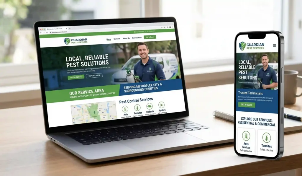 Pest control website optimized for mobile search and local service pages