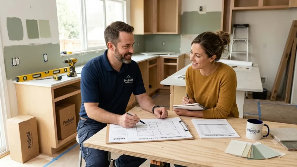 - Housecall Pro Remodeling contractor reviewing home renovation pricing with a homeowner