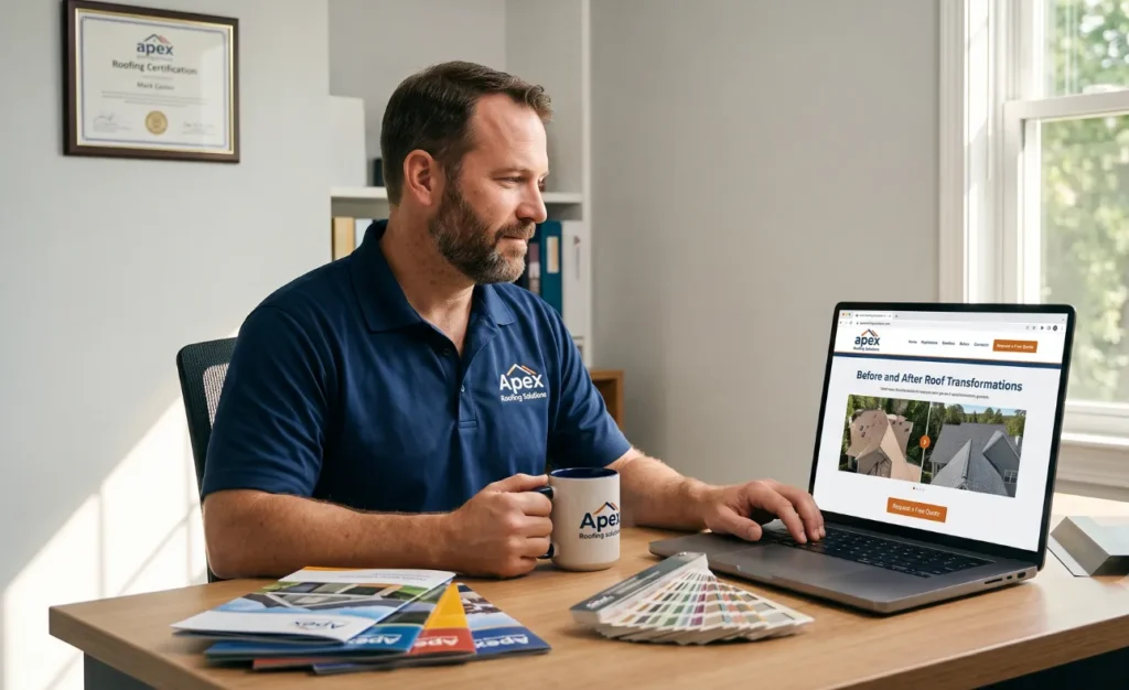 Roofing business owner reviewing a professional roofing website for marketing