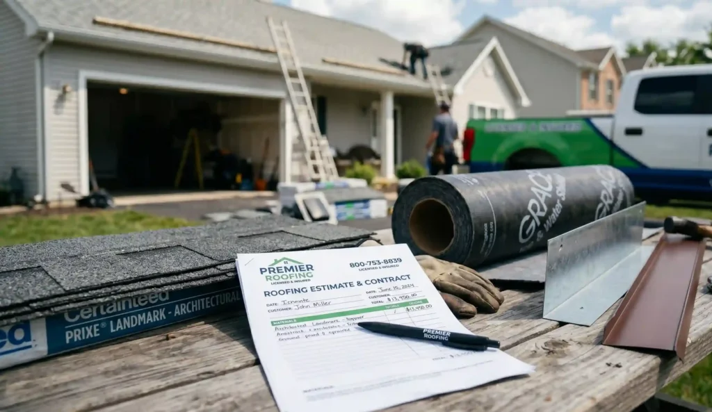 Roofing contract with shingle, underlayment, and flashing material details