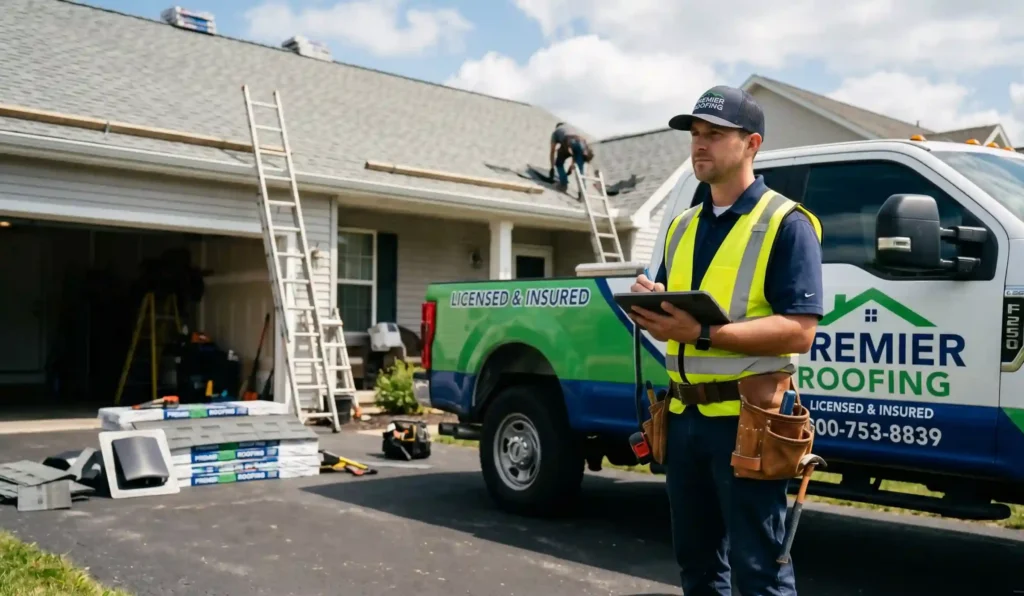 Roofing contractor reviewing contract details before a roof replacement project