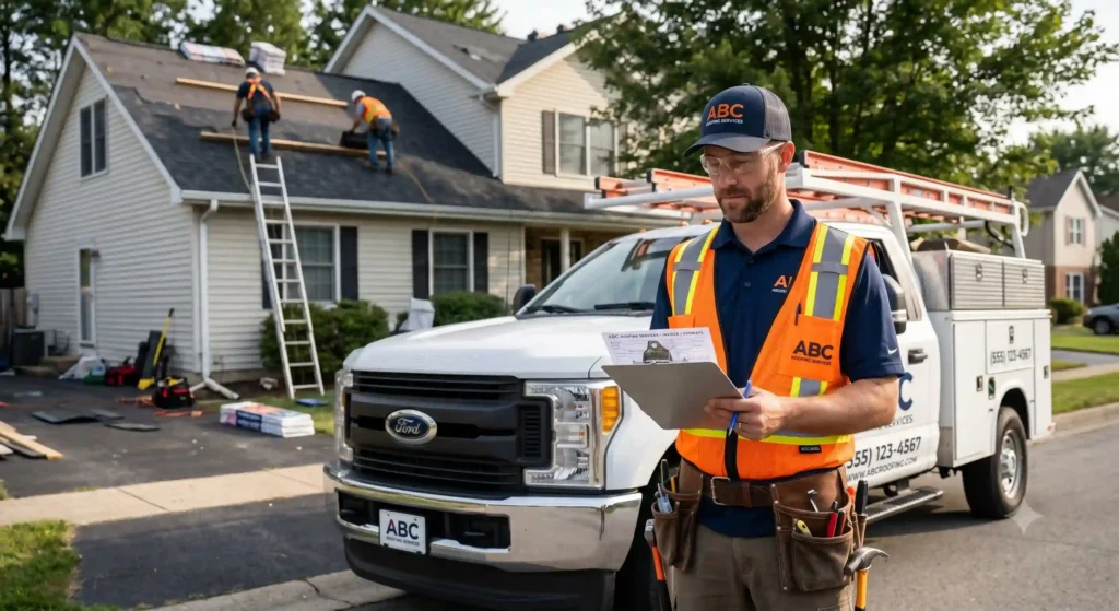 - Housecall Pro Roofing contractor reviewing invoice details at a residential jobsite
