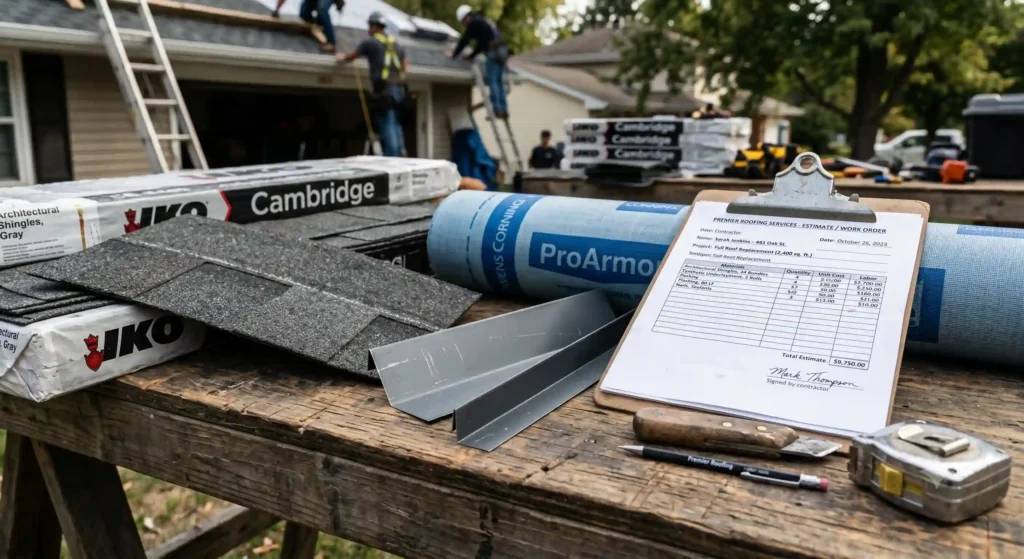 - Housecall Pro Roofing invoice with itemized labor, materials, and job details