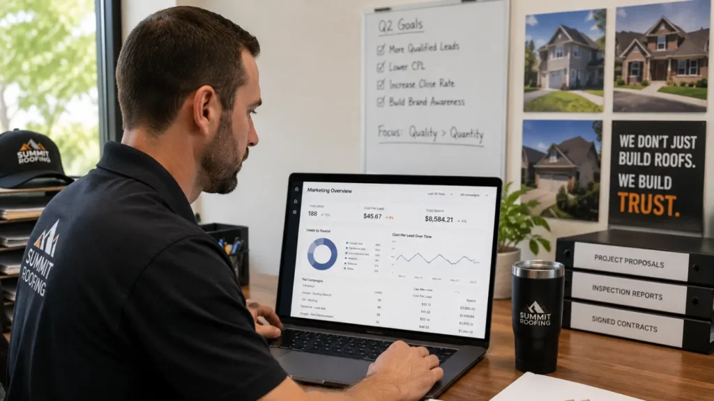 Roofing contractor comparing lead sources and cost per lead data