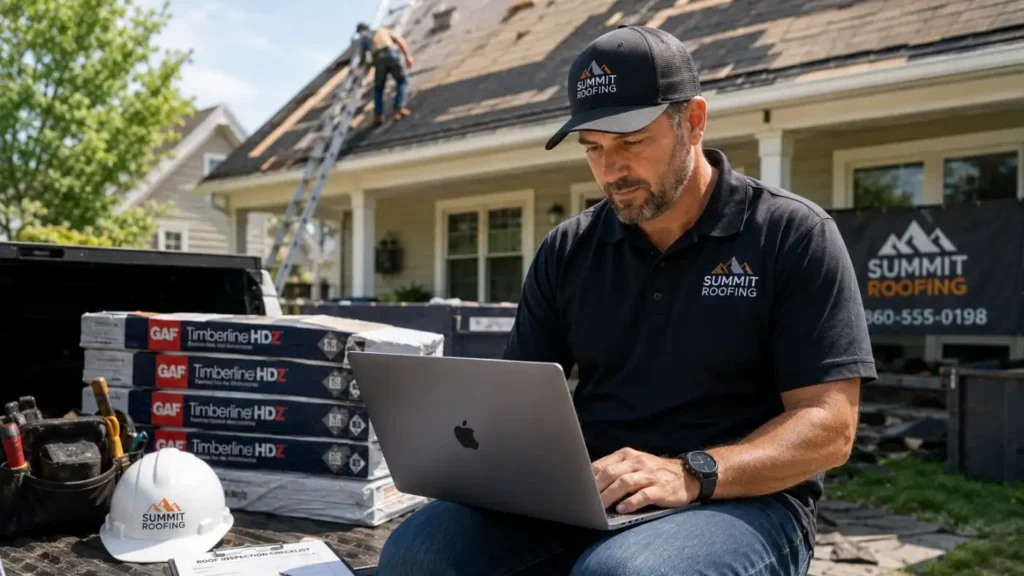 Roofing business owner reviewing website leads and lead magnet signups