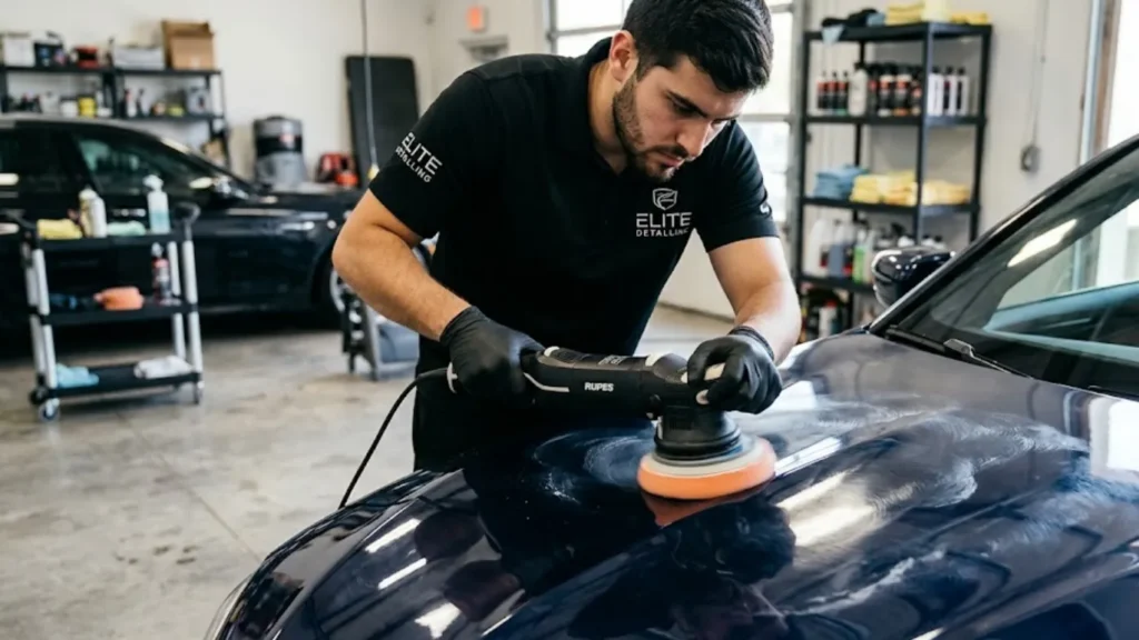 Professional auto detailer in a branded polo using a dual-action polisher on the hood of a dark blue car inside a detailing shop.