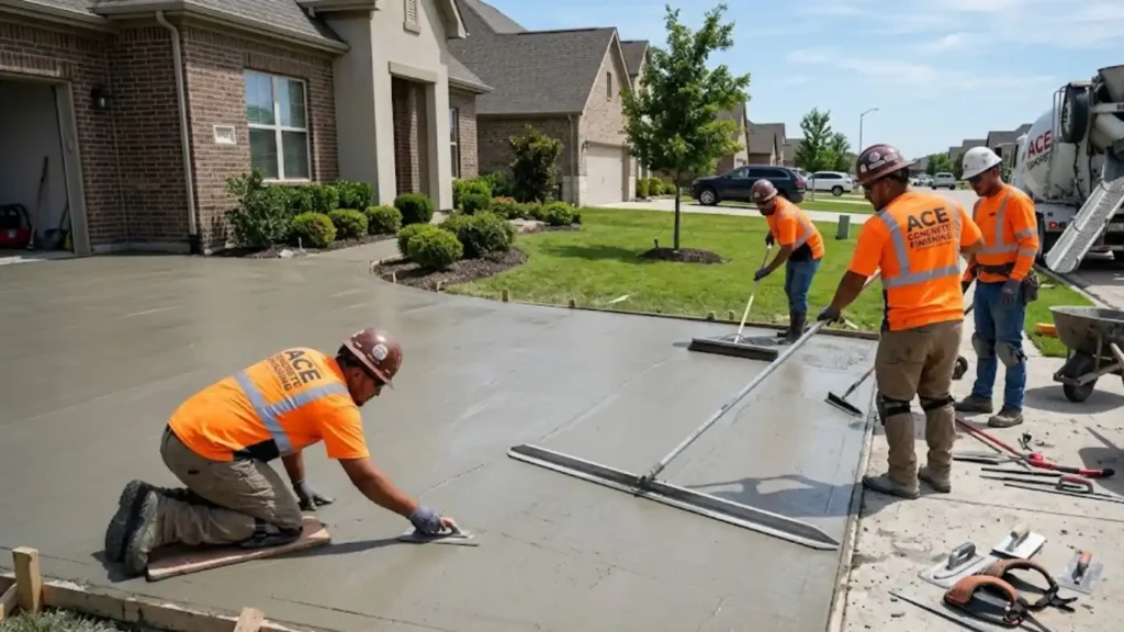Branded concrete crew in matching hi-vis vests finishing a freshly poured driveway at a suburban home, with a concrete mixer truck parked nearby.