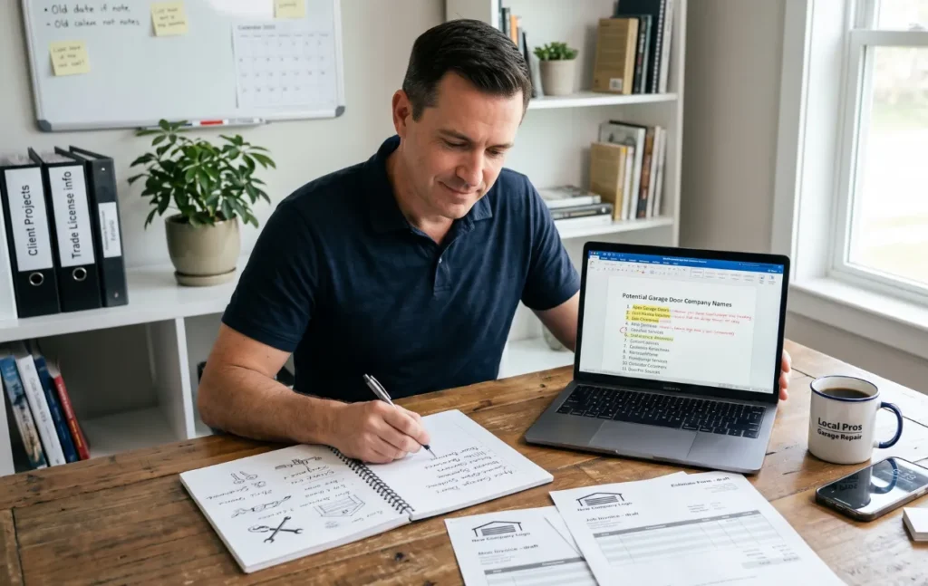 Garage door business owner brainstorming company name ideas