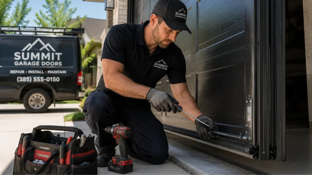 Garage door technician repairing a residential garage door