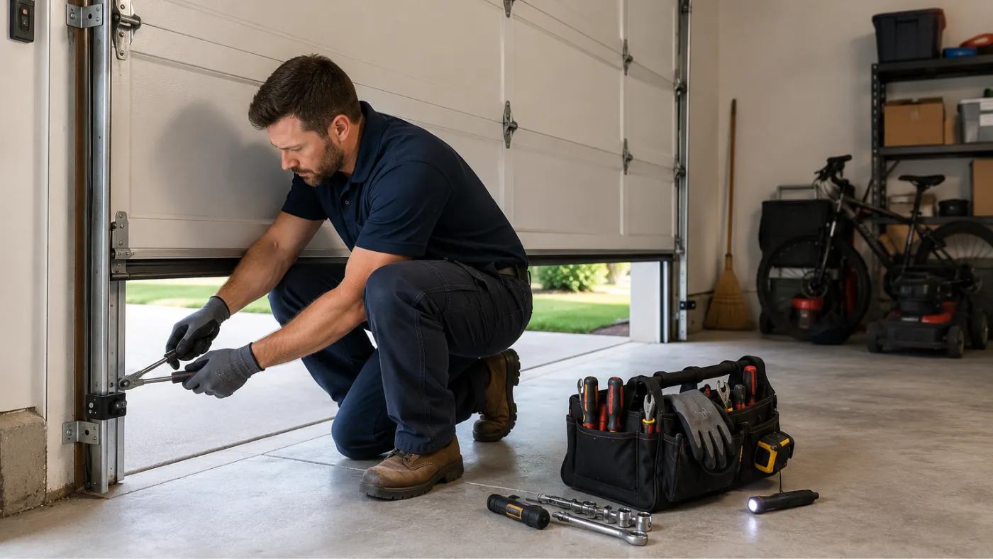 Garage door technician repairing a residential sectional garage door