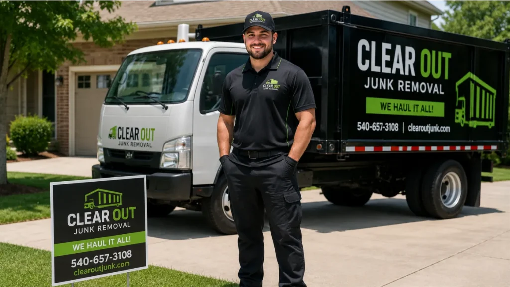 Junk removal crew member in a branded polo standing beside a company truck, with a company yard sign in the foreground.