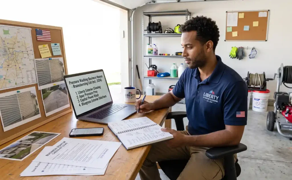 Pressure washing business owner brainstorming company name ideas
