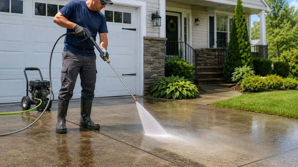 Pressure washing professional cleaning a residential driveway