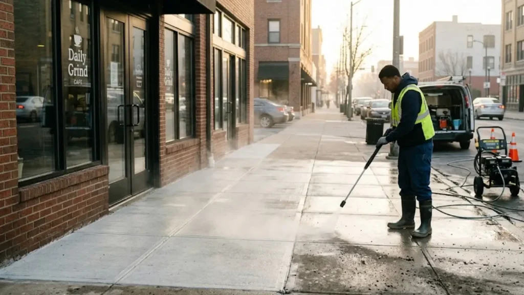 Pressure washing technician cleaning a city sidewalk in front of a small café storefront early in the morning, with a service van and equipment nearby.