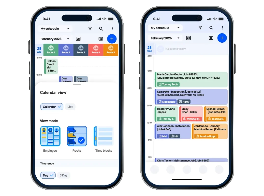 Two iPhone screens showing a calendar app with colored event blocks and a 'Calendar view' settings modal open on the left screen.