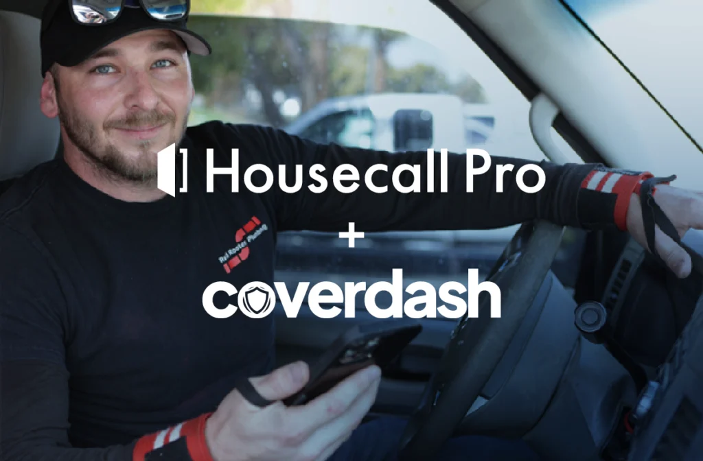 Housecall Pro and Coverdash's logos overlayed on a photo of a home service pro.
