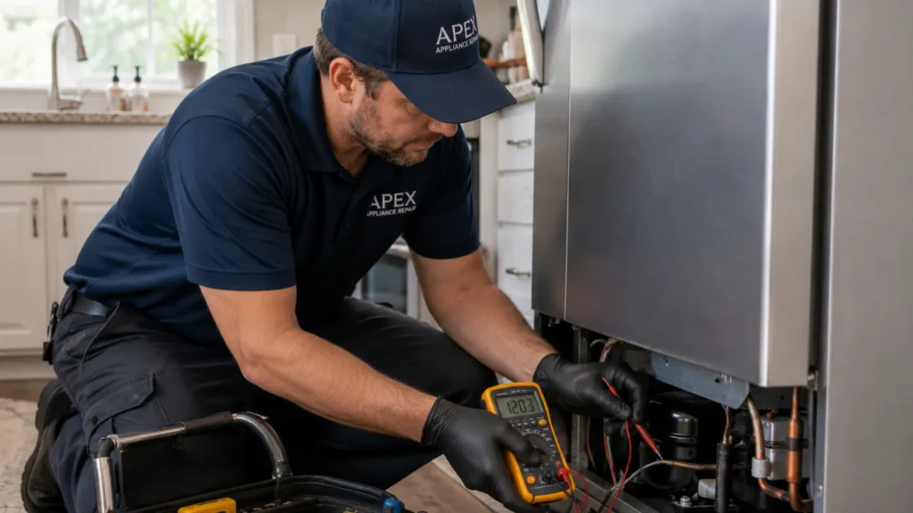 - Housecall Pro Appliance repair technician kneeling at an open refrigerator, using a multimeter to test a component, with a tool bag open on the kitchen floor.
