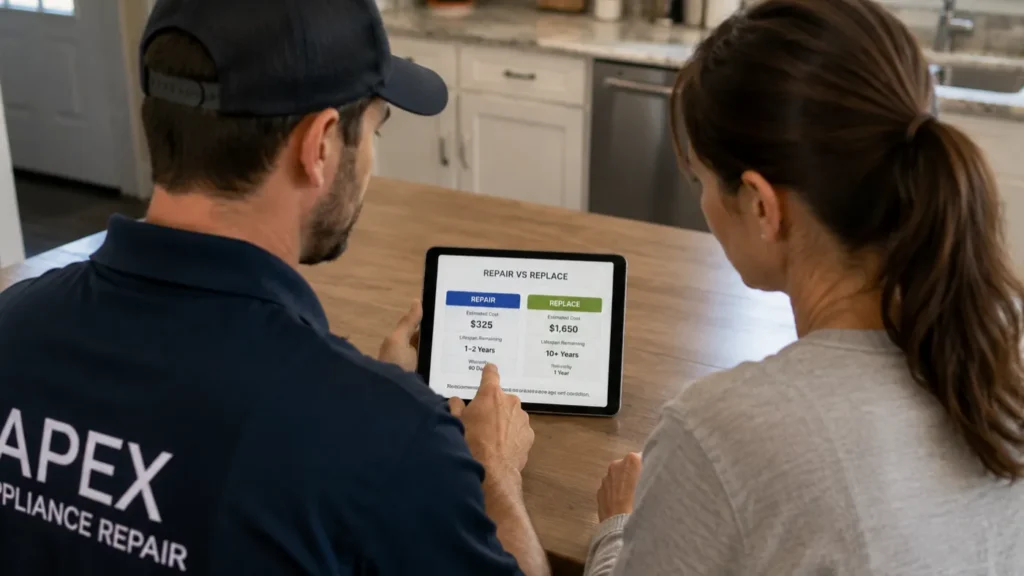 - Housecall Pro Appliance repair technician and homeowner reviewing repair-versus-replacement cost options on a tablet at a kitchen counter.