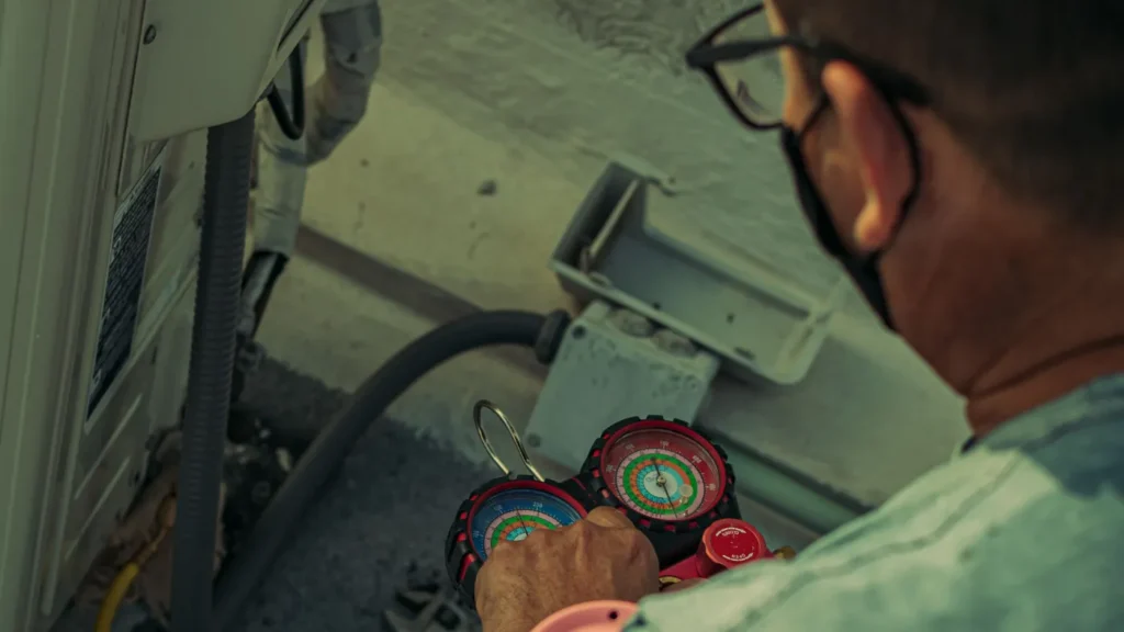 HVAC technician using red and blue refrigerant manifold gauges to service an outdoor air conditioning condenser unit.