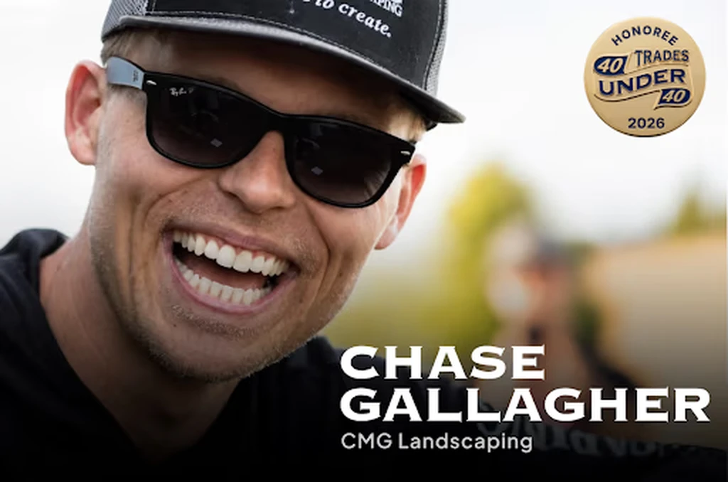 Smiling man wearing a cap and sunglasses; overlaid text shows 'CHASE GALLAGHER' and 'CMG Landscaping' with a '40 Trades Under 40 2026' badge in the corner.