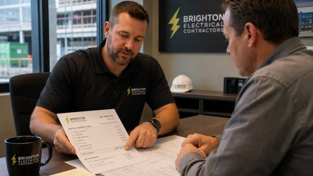 - Housecall Pro Commercial electrical contractor walking a client through a printed bid proposal at a conference table, pointing to base bid line items and alternates.