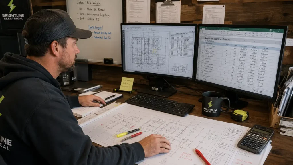 - Housecall Pro Commercial electrical estimator reviewing plans and a bid estimate spreadsheet on dual monitors at a workstation, with marked-up drawings and a calculator on the desk.