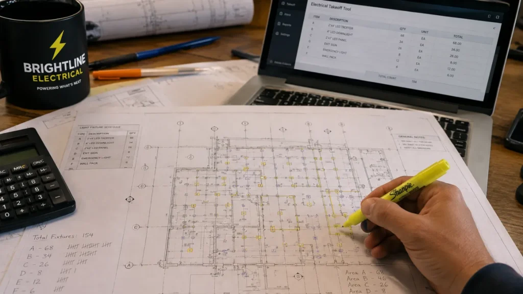 - Housecall Pro Estimator performing a commercial electrical material takeoff, highlighting fixture symbols on a printed drawing while a laptop-based takeoff tool tracks quantities.
