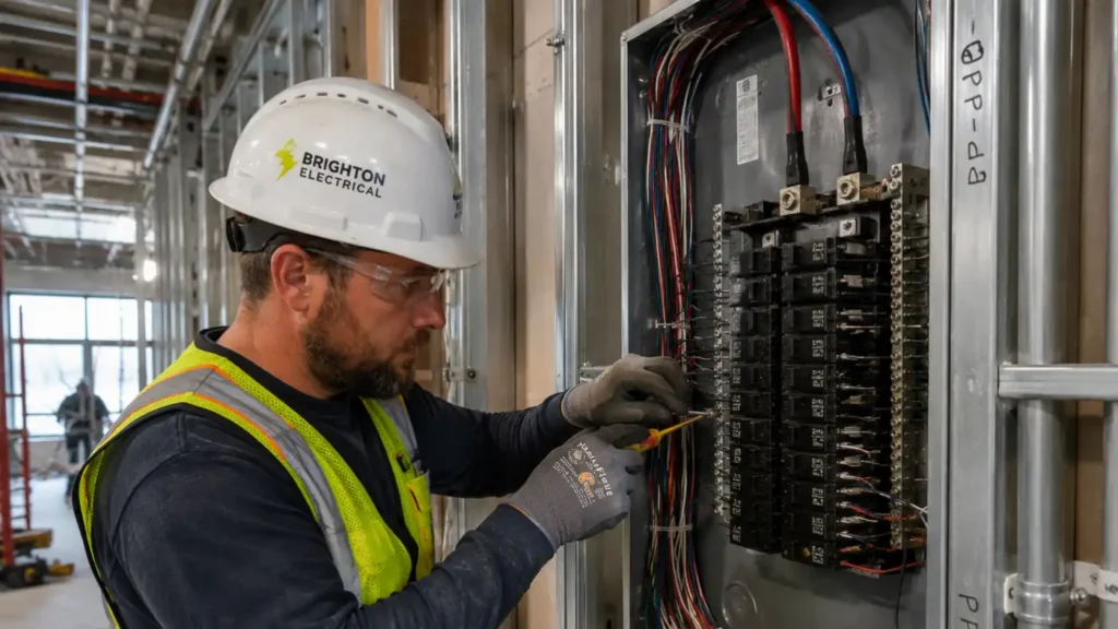 - Housecall Pro Commercial electrician in PPE terminating wires inside an open electrical distribution panel at a commercial construction jobsite.