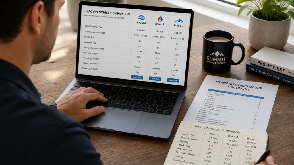 - Housecall Pro Prospective owner comparing HVAC franchise options on a laptop with a printed Franchise Disclosure Document and cost notes on the desk.