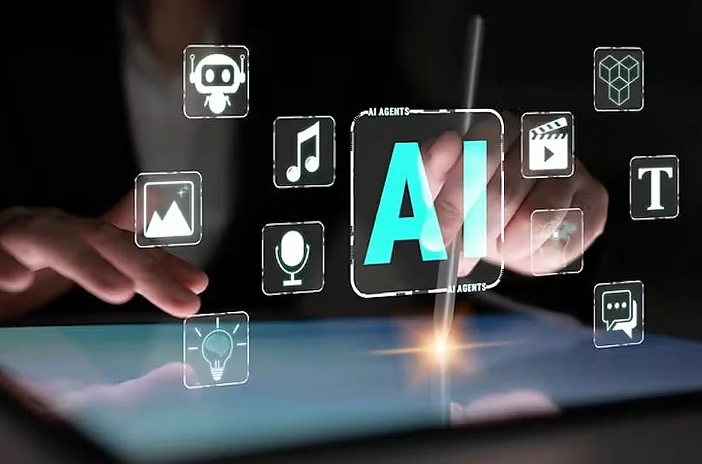 Hands hover over a tablet with glowing AI icons representing various AI apps.