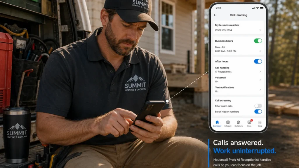 - Housecall Pro technician in Summit Heating & Cooling polo using a smartphone to manage calls; app screen shows call handling settings beside him.