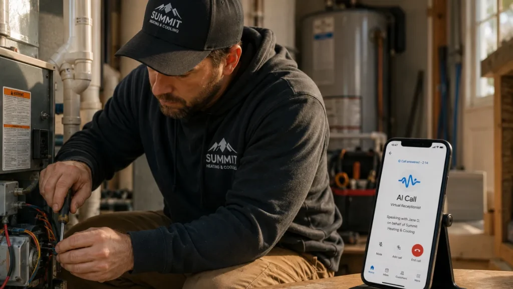 - Housecall Pro HVAC technician in Summit gear repairs wiring on a furnace while a smartphone nearby shows an AI Call screen.