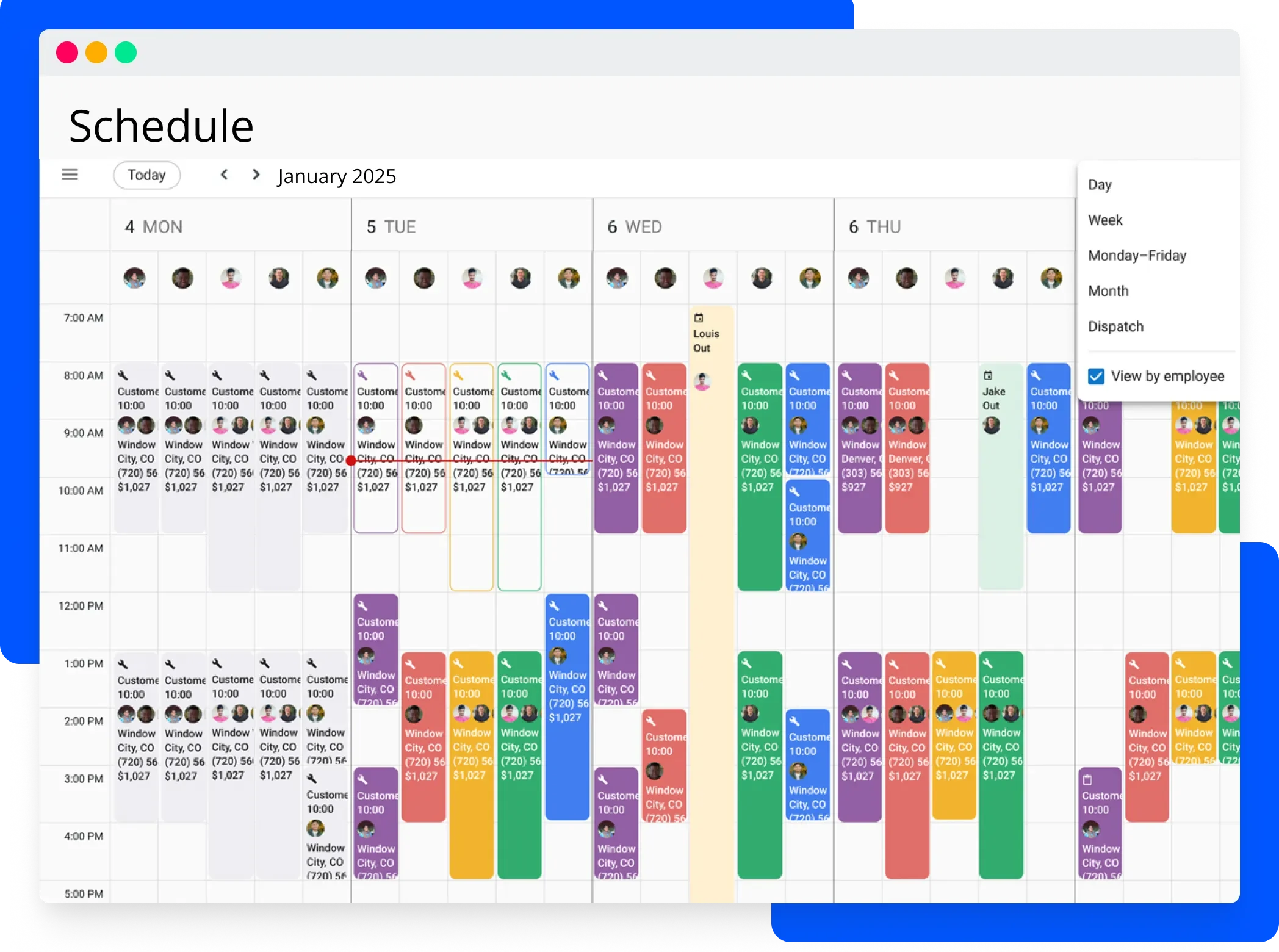 Calendar schedule UI for January 2025 with hourly rows and color-coded events, each block shows a customer/avatar.