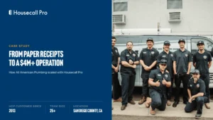 All American Plumbing team posed in front of a company van on a Housecall Pro case study cover.