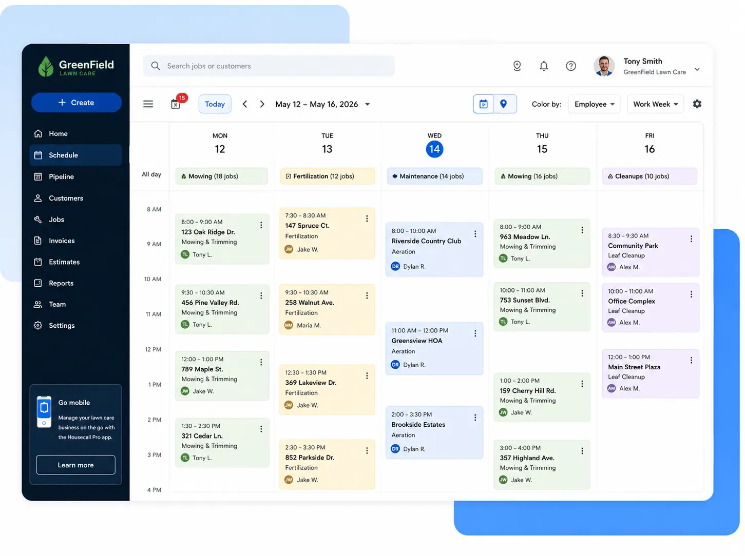 Dashboard calendar showing a weekly schedule for GreenField Lawn Care with a left navigation pane and multiple color‑coded appointments by day and time slot across Mon–Fri.