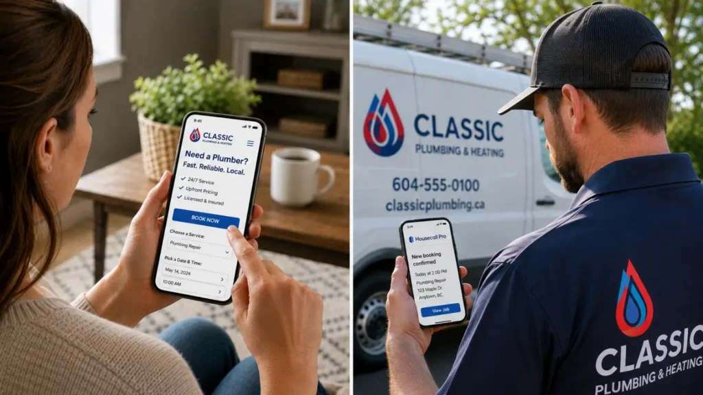Split image showing a homeowner booking a home service appointment on their phone at home while a technician works on a job at a different location.