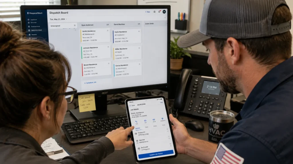 HVAC dispatcher and field technician reviewing a job together on a tablet and monitor, testing how work moves from dispatch to the field.