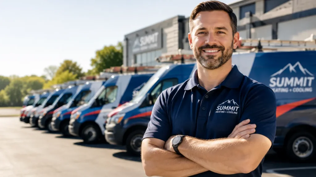 HVAC franchise owner in a branded polo standing in front of a lineup of matching service vans, representing HVAC franchise ownership.