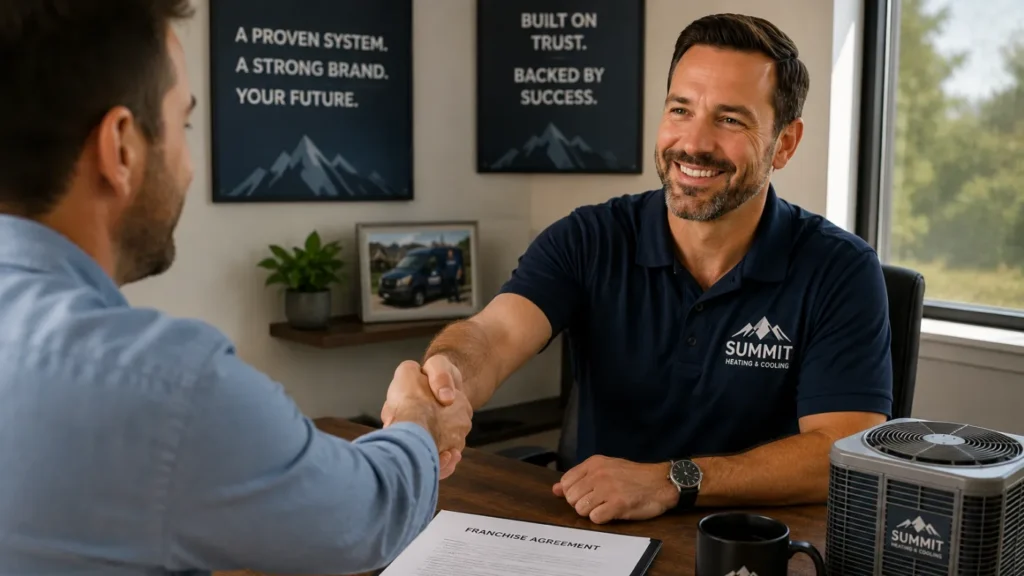 - Housecall Pro Two people shaking hands over a franchise agreement on a desk, representing the decision to sign an HVAC franchise deal.